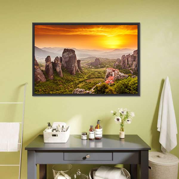 Monastery Of Rousanou Canvas Wall Art-3 Horizontal-Gallery Wrap-25" x 16"-Tiaracle
