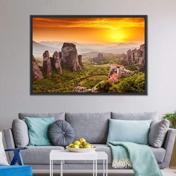Monastery Of Rousanou Canvas Wall Art-3 Horizontal-Gallery Wrap-25" x 16"-Tiaracle