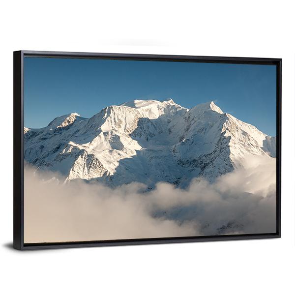 Mont Blanc in Winter Canvas Wall Art in white, gray and blue, framed canvas, product view on a white background