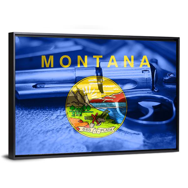Montana Flag With Gun Canvas Wall Art-3 Horizontal-Gallery Wrap-25" x 16"-Tiaracle