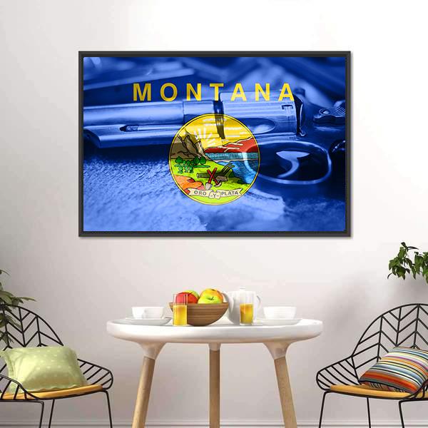 Montana Flag With Gun Canvas Wall Art-3 Horizontal-Gallery Wrap-25" x 16"-Tiaracle