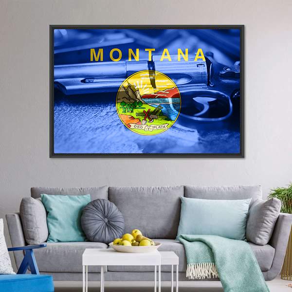 Montana Flag With Gun Canvas Wall Art-3 Horizontal-Gallery Wrap-25" x 16"-Tiaracle