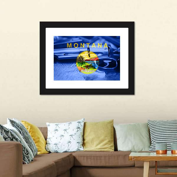 Montana Flag With Gun Canvas Wall Art-3 Horizontal-Gallery Wrap-25" x 16"-Tiaracle