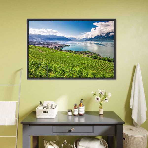 Montreux City With Swiss Alps Canvas Wall Art-3 Horizontal-Gallery Wrap-25" x 16"-Tiaracle