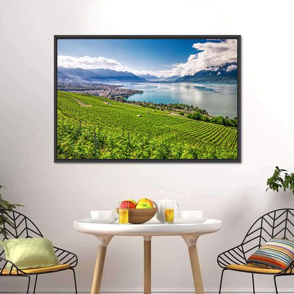 Montreux City With Swiss Alps Canvas Wall Art-3 Horizontal-Gallery Wrap-25" x 16"-Tiaracle