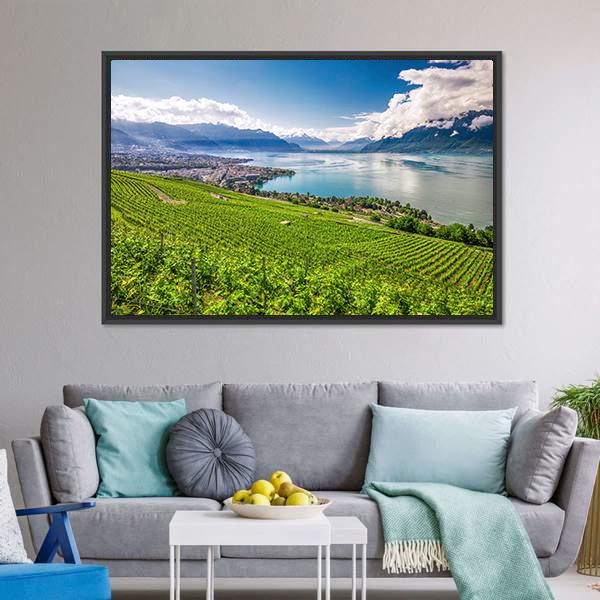 Montreux City With Swiss Alps Canvas Wall Art-3 Horizontal-Gallery Wrap-25" x 16"-Tiaracle