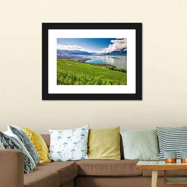 Montreux City With Swiss Alps Canvas Wall Art-3 Horizontal-Gallery Wrap-25" x 16"-Tiaracle