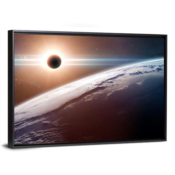 Moon Blocking SunLight On Planet Earth Canvas Wall Art-3 Horizontal-Gallery Wrap-25" x 16"-Tiaracle