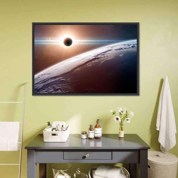 Moon Blocking SunLight On Planet Earth Canvas Wall Art-3 Horizontal-Gallery Wrap-25" x 16"-Tiaracle