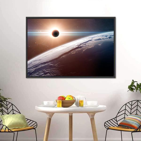 Moon Blocking SunLight On Planet Earth Canvas Wall Art-3 Horizontal-Gallery Wrap-25" x 16"-Tiaracle