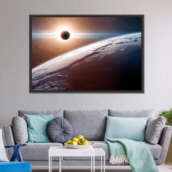 Moon Blocking SunLight On Planet Earth Canvas Wall Art-3 Horizontal-Gallery Wrap-25" x 16"-Tiaracle