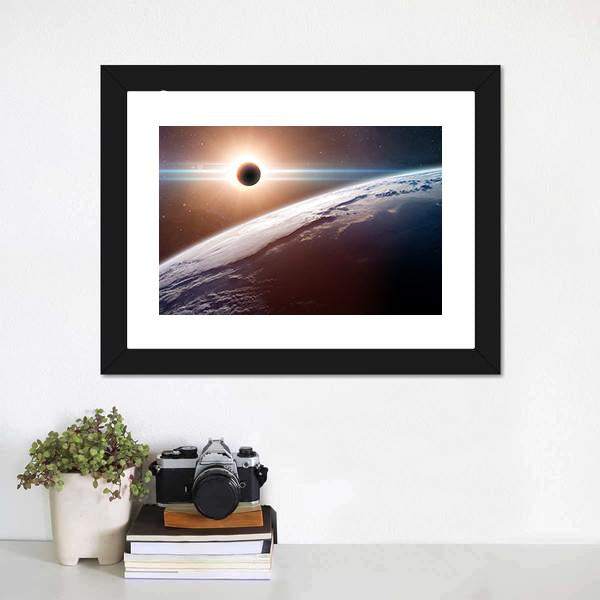 Moon Blocking SunLight On Planet Earth Canvas Wall Art-3 Horizontal-Gallery Wrap-25" x 16"-Tiaracle