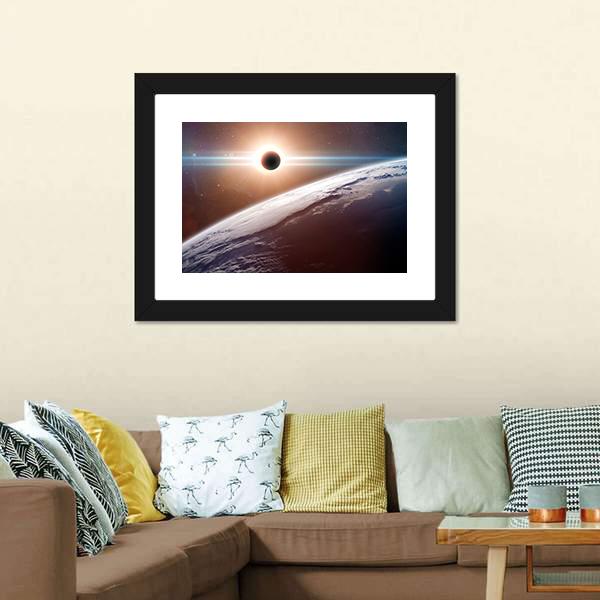 Moon Blocking SunLight On Planet Earth Canvas Wall Art-3 Horizontal-Gallery Wrap-25" x 16"-Tiaracle