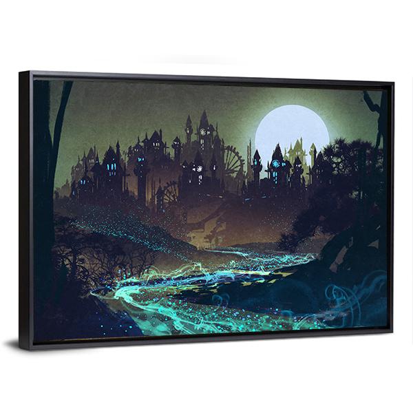 Moon Over Castle Illustration Canvas Wall Art-3 Horizontal-Gallery Wrap-25" x 16"-Tiaracle