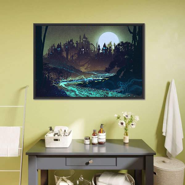 Moon Over Castle Illustration Canvas Wall Art-3 Horizontal-Gallery Wrap-25" x 16"-Tiaracle