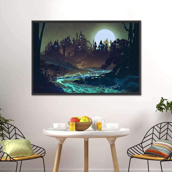 Moon Over Castle Illustration Canvas Wall Art-3 Horizontal-Gallery Wrap-25" x 16"-Tiaracle