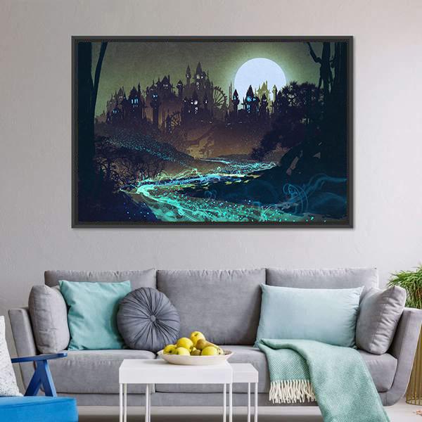 Moon Over Castle Illustration Canvas Wall Art-3 Horizontal-Gallery Wrap-25" x 16"-Tiaracle