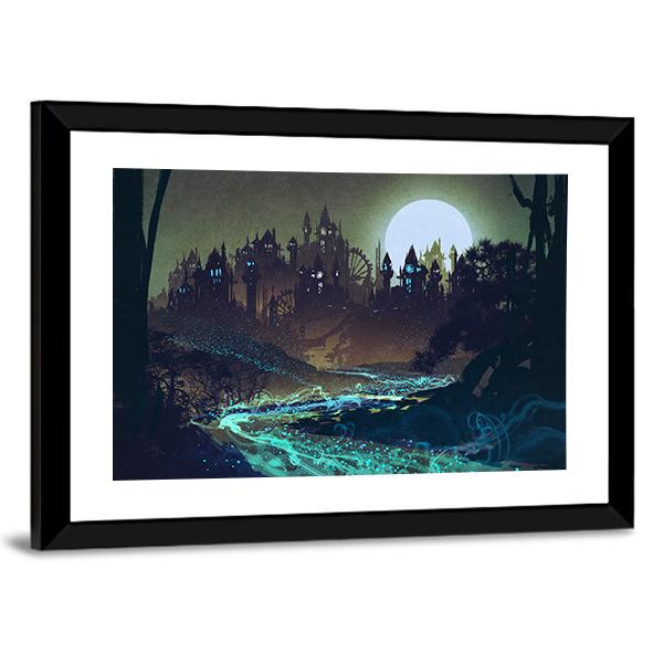 Moon Over Castle Illustration Canvas Wall Art-3 Horizontal-Gallery Wrap-25" x 16"-Tiaracle