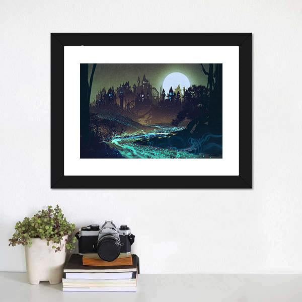 Moon Over Castle Illustration Canvas Wall Art-3 Horizontal-Gallery Wrap-25" x 16"-Tiaracle