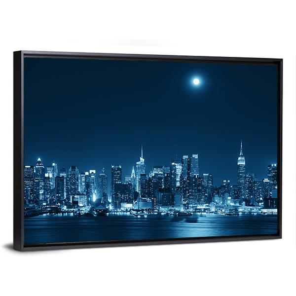 Moon Rise Over Manhattan Canvas Wall Art-3 Horizontal-Gallery Wrap-25" x 16"-Tiaracle