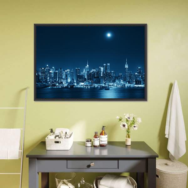 Moon Rise Over Manhattan Canvas Wall Art-3 Horizontal-Gallery Wrap-25" x 16"-Tiaracle