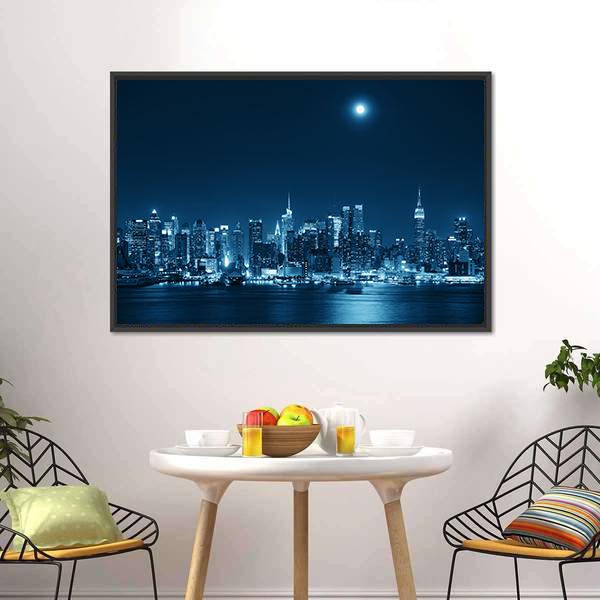 Moon Rise Over Manhattan Canvas Wall Art-3 Horizontal-Gallery Wrap-25" x 16"-Tiaracle