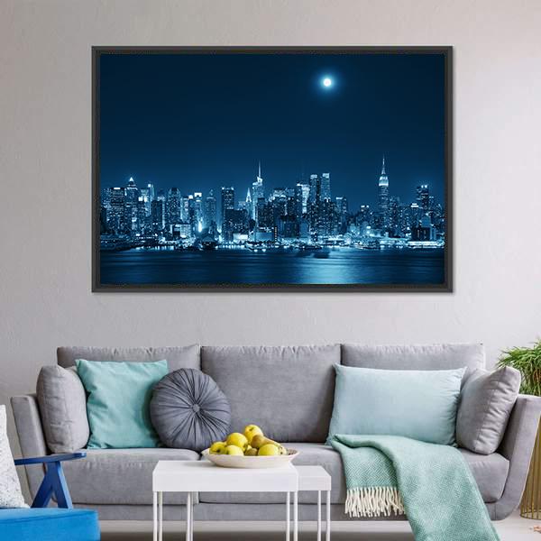 Moon Rise Over Manhattan Canvas Wall Art-3 Horizontal-Gallery Wrap-25" x 16"-Tiaracle