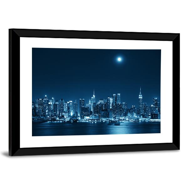 Moon Rise Over Manhattan Canvas Wall Art-3 Horizontal-Gallery Wrap-25" x 16"-Tiaracle