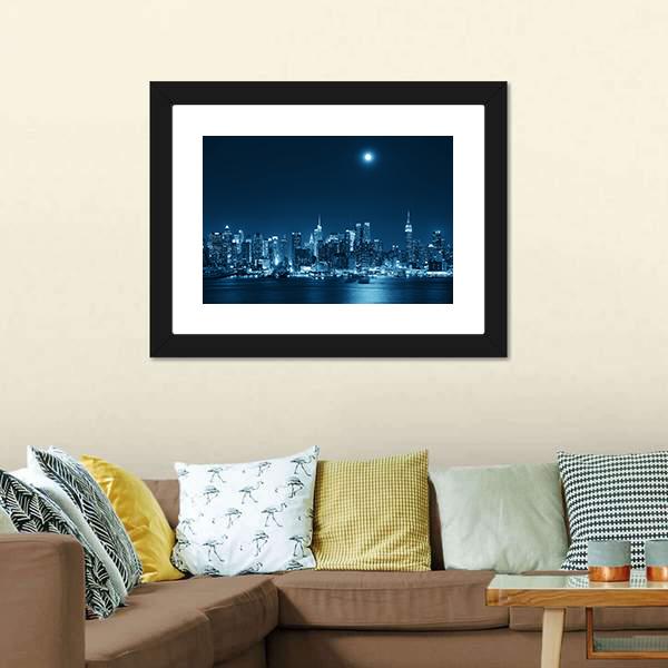 Moon Rise Over Manhattan Canvas Wall Art-3 Horizontal-Gallery Wrap-25" x 16"-Tiaracle