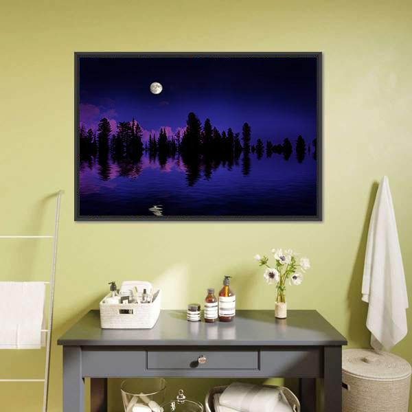 Moon Rise Over Pine Trees Canvas Wall Art-3 Horizontal-Gallery Wrap-25" x 16"-Tiaracle