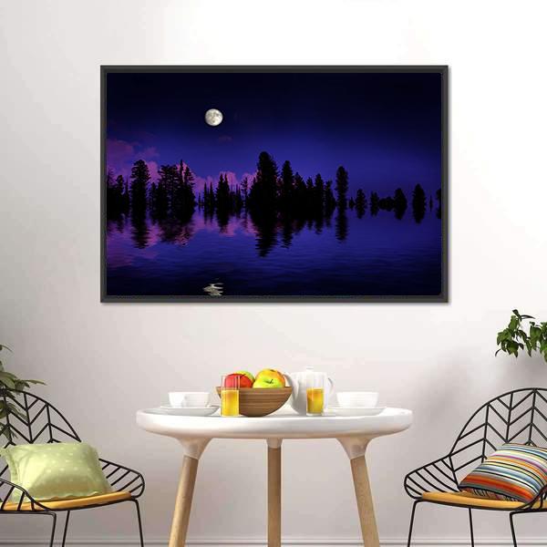 Moon Rise Over Pine Trees Canvas Wall Art-3 Horizontal-Gallery Wrap-25" x 16"-Tiaracle