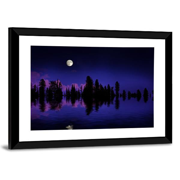 Moon Rise Over Pine Trees Canvas Wall Art-3 Horizontal-Gallery Wrap-25" x 16"-Tiaracle