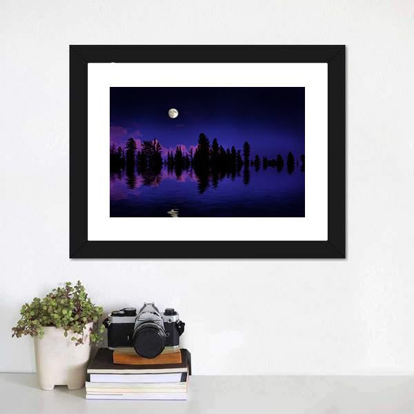 Moon Rise Over Pine Trees Canvas Wall Art-3 Horizontal-Gallery Wrap-25" x 16"-Tiaracle