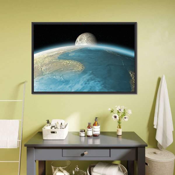 Moon Rising Over Earth Canvas Wall Art-3 Horizontal-Gallery Wrap-25" x 16"-Tiaracle