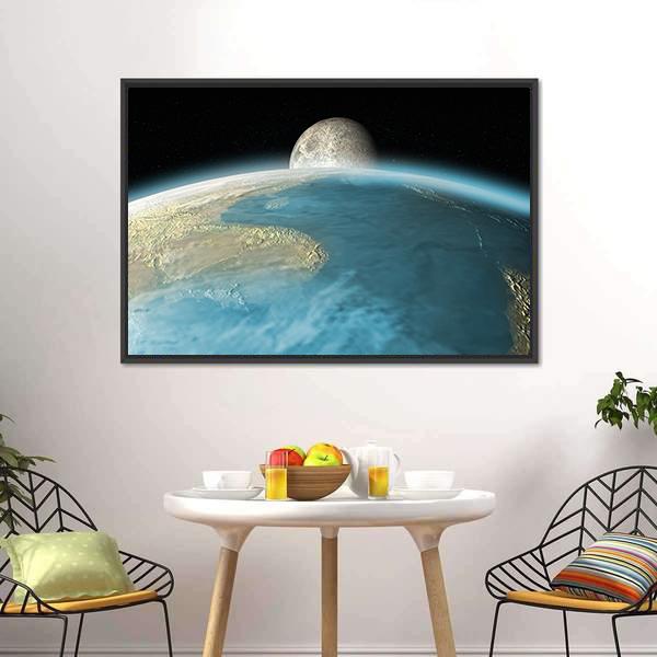 Moon Rising Over Earth Canvas Wall Art-3 Horizontal-Gallery Wrap-25" x 16"-Tiaracle