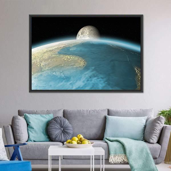 Moon Rising Over Earth Canvas Wall Art-3 Horizontal-Gallery Wrap-25" x 16"-Tiaracle