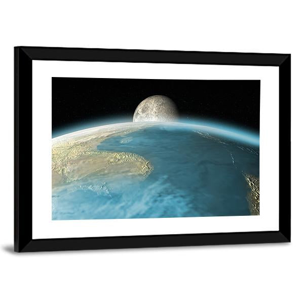 Moon Rising Over Earth Canvas Wall Art-3 Horizontal-Gallery Wrap-25" x 16"-Tiaracle