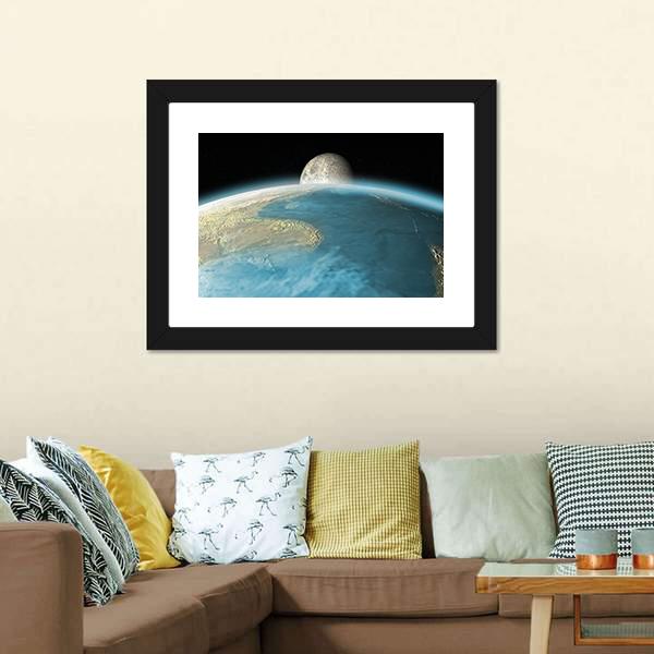 Moon Rising Over Earth Canvas Wall Art-3 Horizontal-Gallery Wrap-25" x 16"-Tiaracle