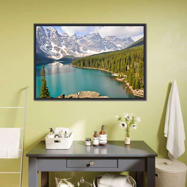 Moraine Lake With Rocky Mountains Canvas Wall Art-3 Horizontal-Gallery Wrap-25" x 16"-Tiaracle