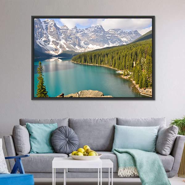 Moraine Lake With Rocky Mountains Canvas Wall Art-3 Horizontal-Gallery Wrap-25" x 16"-Tiaracle