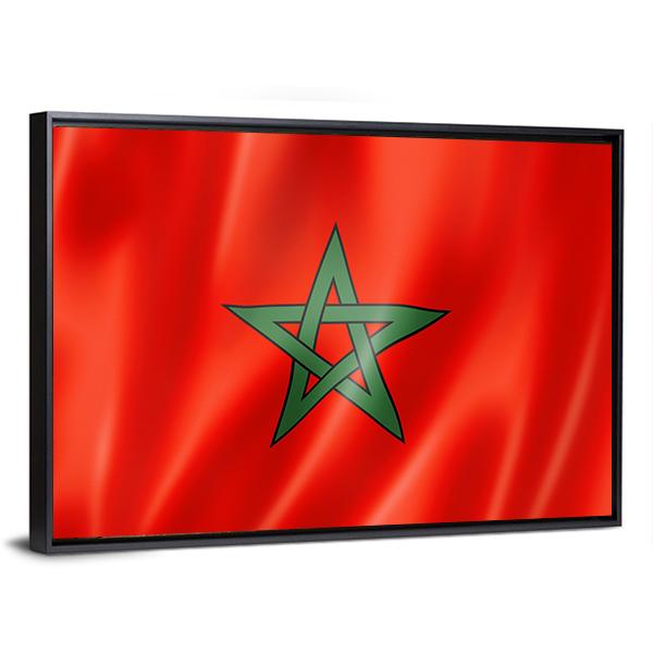Waving Moroccan Flag Canvas Wall Art in red and green, framed canvas, product view on a white background