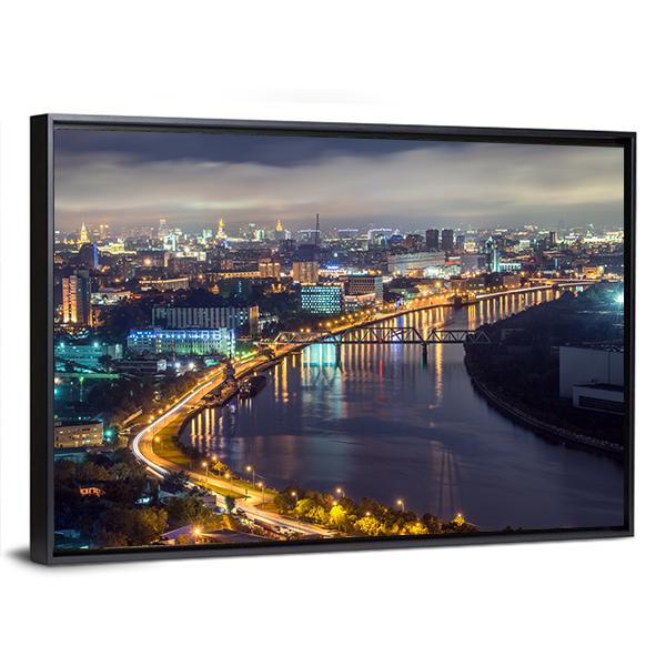 Moscow River &amp; City At Night Canvas Wall Art-3 Horizontal-Gallery Wrap-25" x 16"-Tiaracle