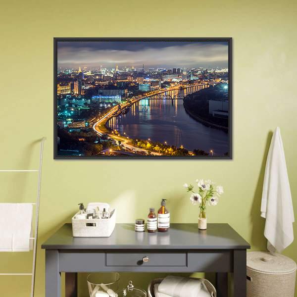 Moscow River &amp; City At Night Canvas Wall Art-3 Horizontal-Gallery Wrap-25" x 16"-Tiaracle