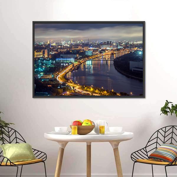 Moscow River &amp; City At Night Canvas Wall Art-3 Horizontal-Gallery Wrap-25" x 16"-Tiaracle