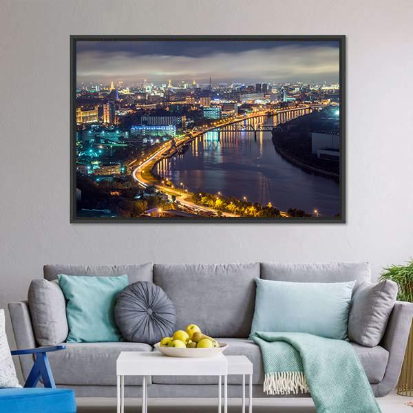 Moscow River & City At Night Canvas Wall Art-3 Horizontal-Gallery Wrap-25" x 16"-Tiaracle