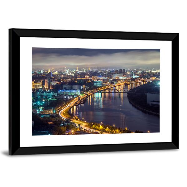 Moscow River &amp; City At Night Canvas Wall Art-3 Horizontal-Gallery Wrap-25" x 16"-Tiaracle