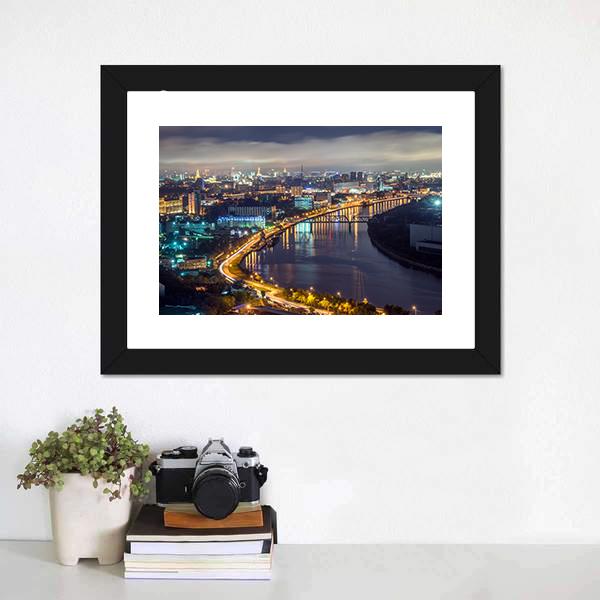 Moscow River &amp; City At Night Canvas Wall Art-3 Horizontal-Gallery Wrap-25" x 16"-Tiaracle