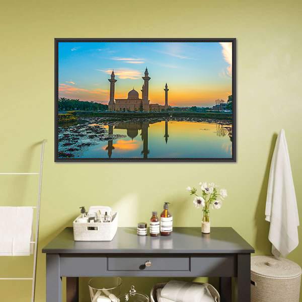 Mosque Reflection On Lake Canvas Wall Art-3 Horizontal-Gallery Wrap-25" x 16"-Tiaracle