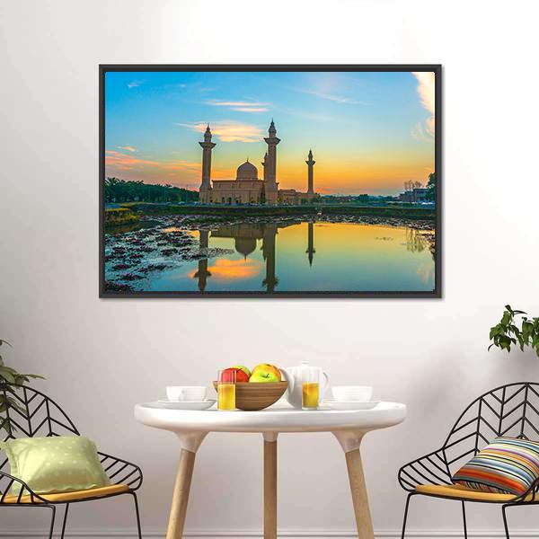 Mosque Reflection On Lake Canvas Wall Art-3 Horizontal-Gallery Wrap-25" x 16"-Tiaracle