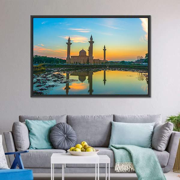 Mosque Reflection On Lake Canvas Wall Art-3 Horizontal-Gallery Wrap-25" x 16"-Tiaracle